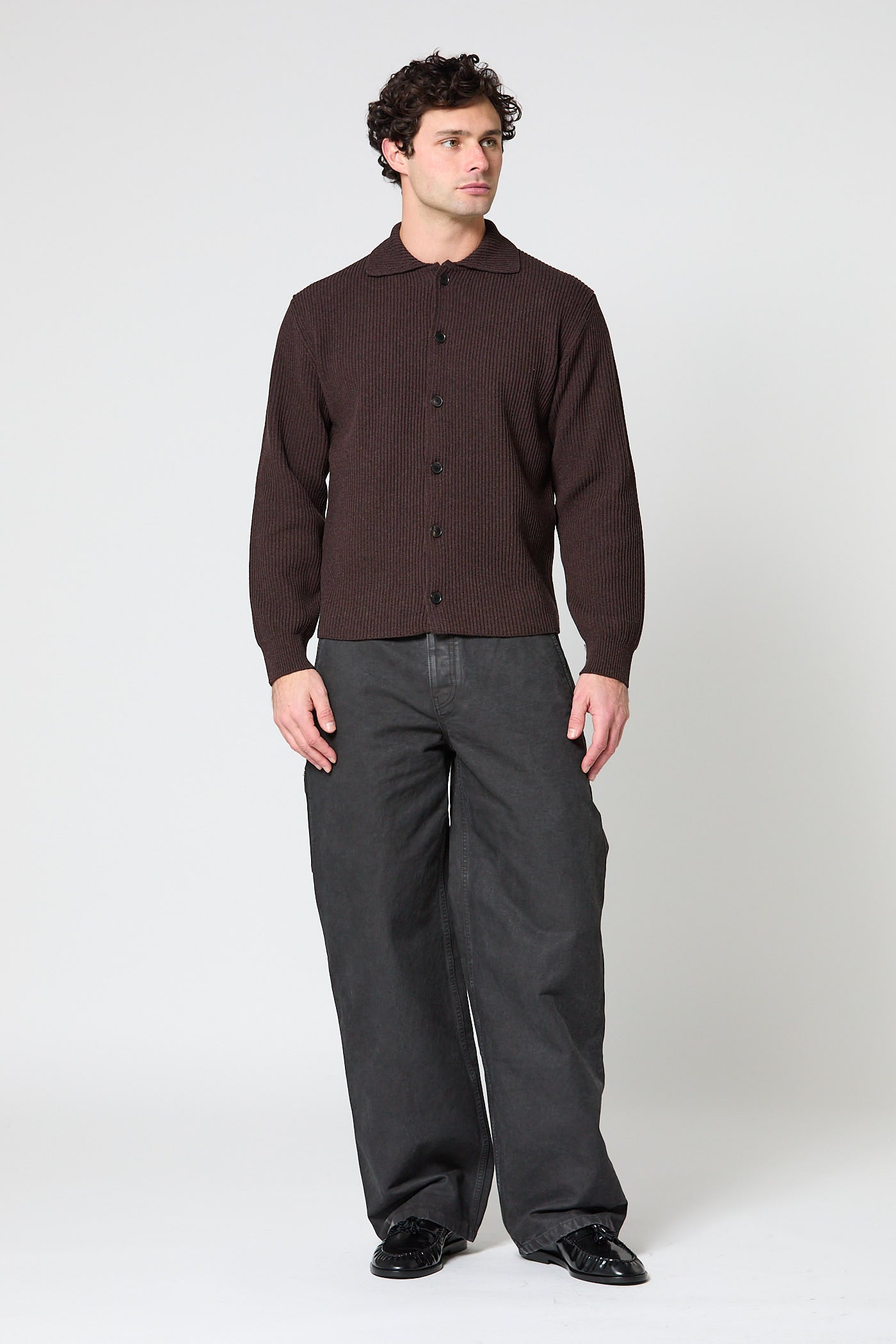 Super Fine Wool Rib Knit Shirt Cardigan