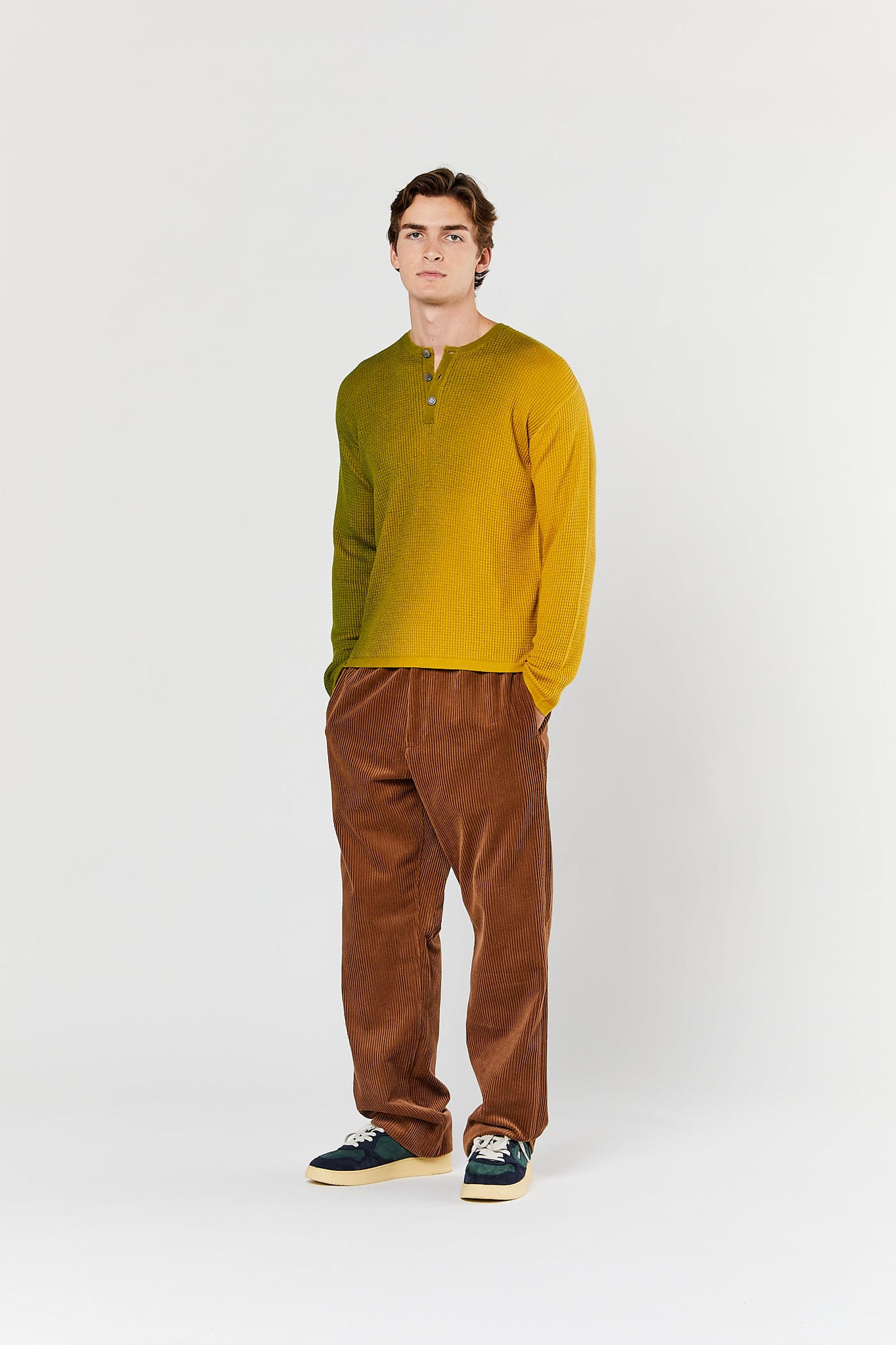 Green & Yellow Cotton and Cashmere Waffle Henley