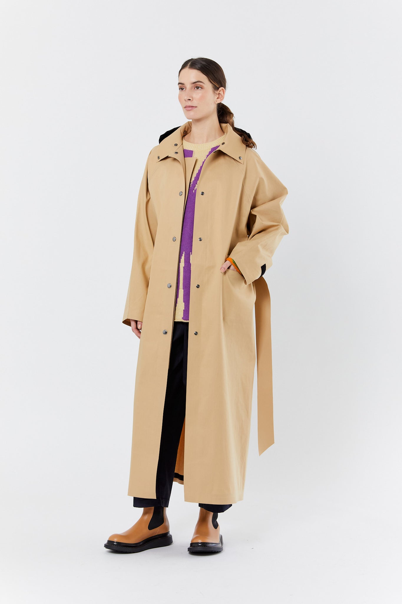 Beige Long Trench With Hood