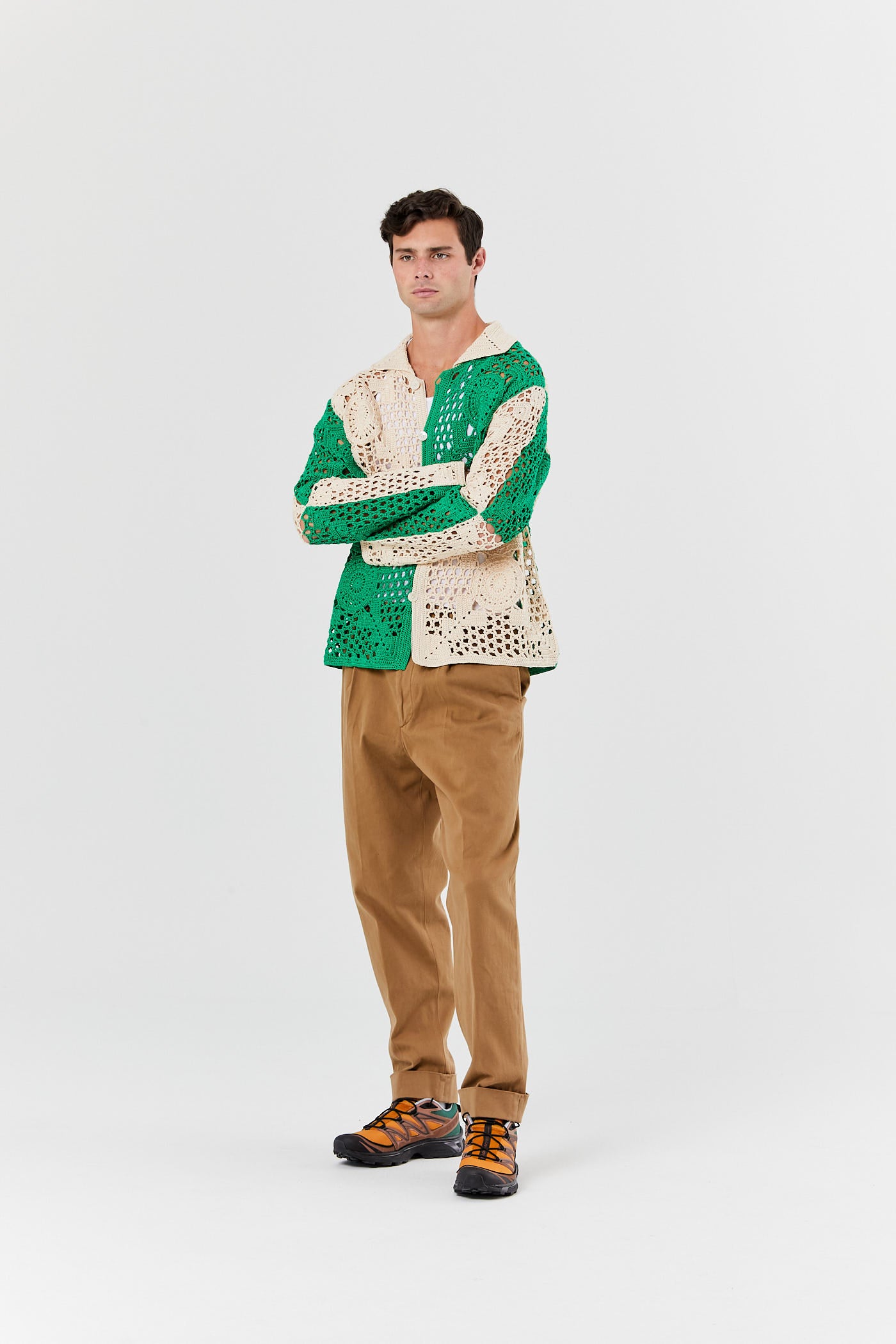 Green Cream Duotone Crochet Overshirt