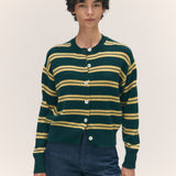 Ada Crewneck Cardigan - Stripe in Holly With Yellow Stripe