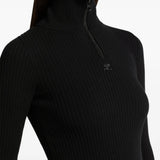 Zipped Rib Knit Mockneck Sweater in Black