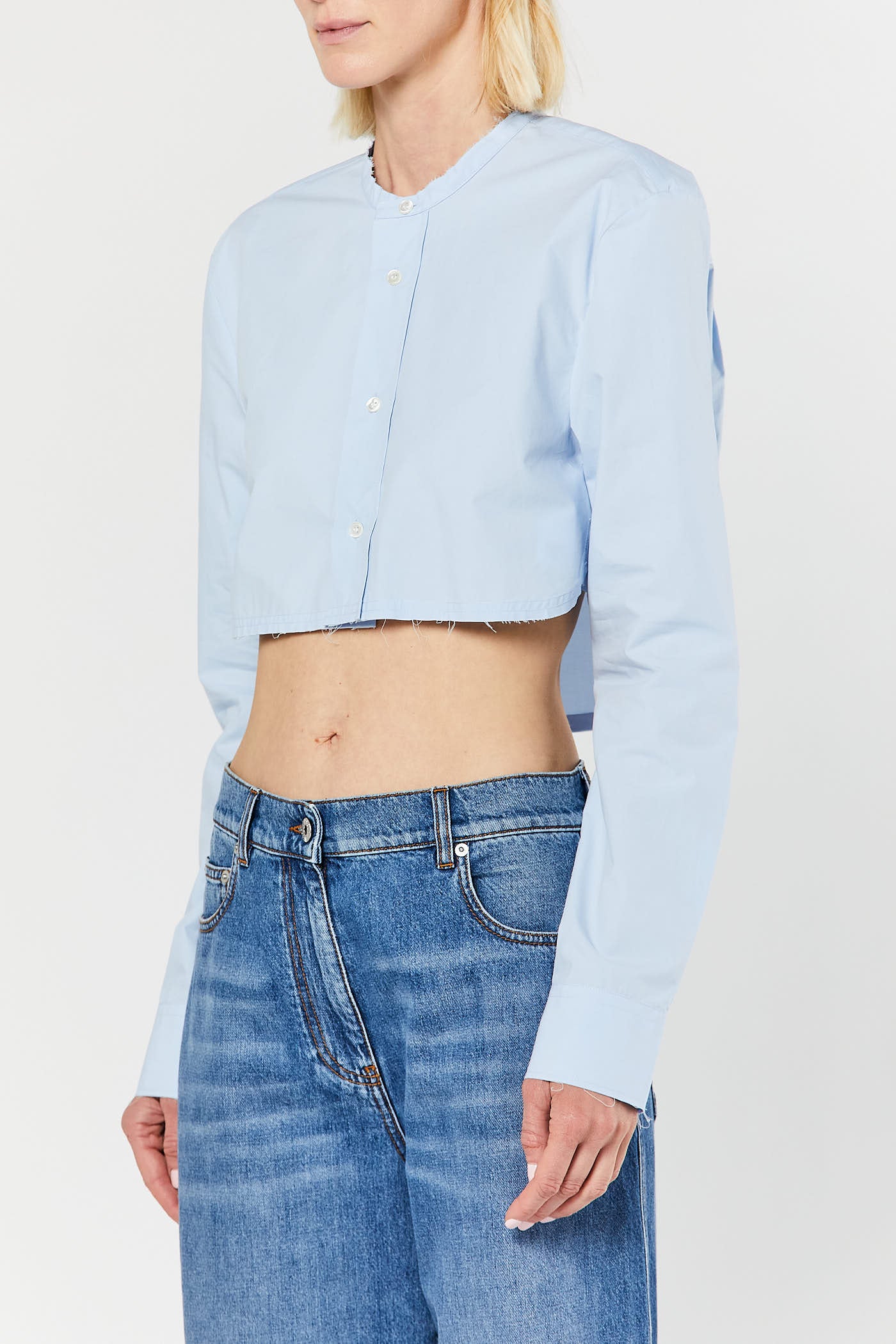 Blue Raw Edge Cropped Shirt