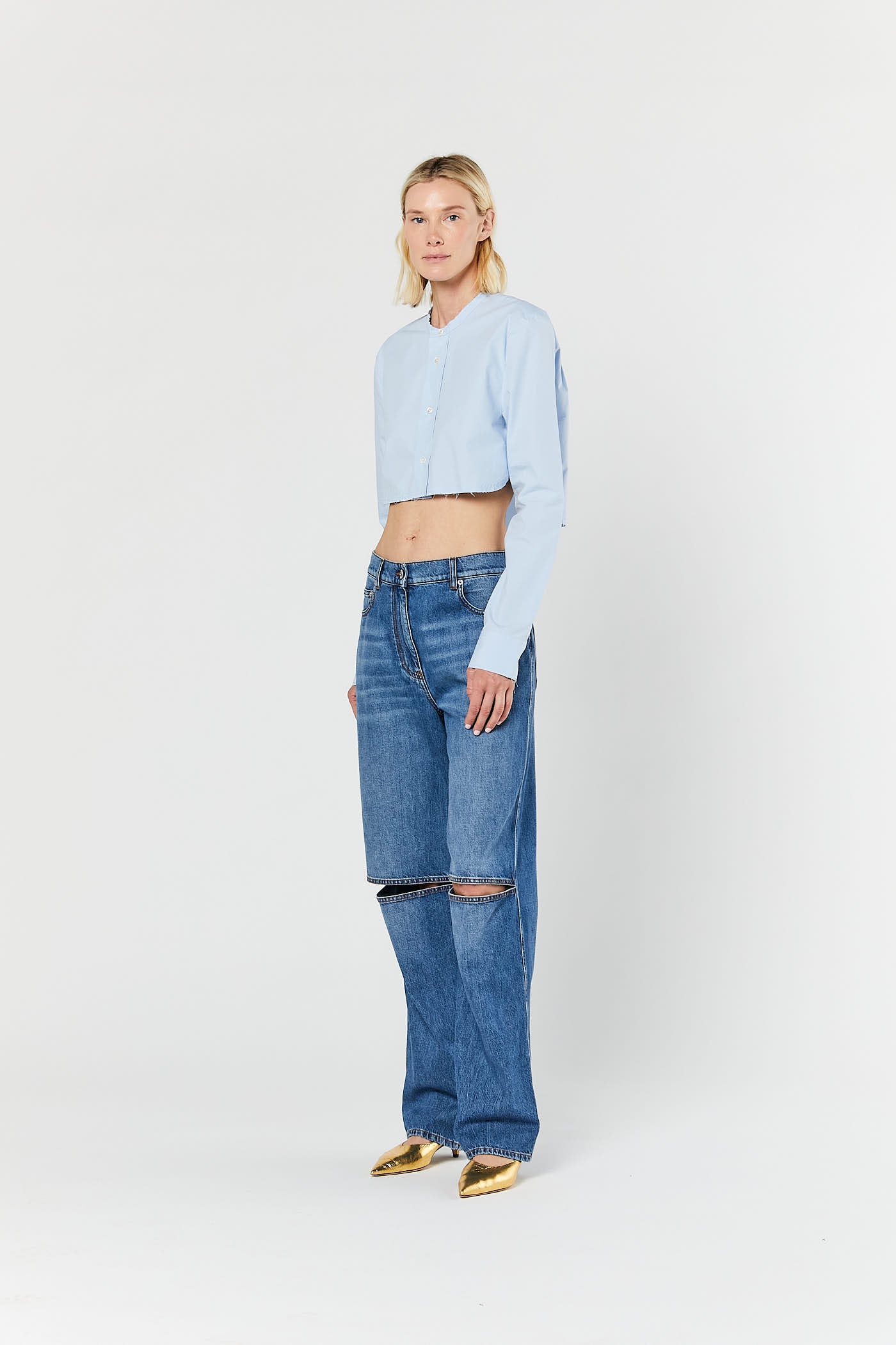 Blue Raw Edge Cropped Shirt