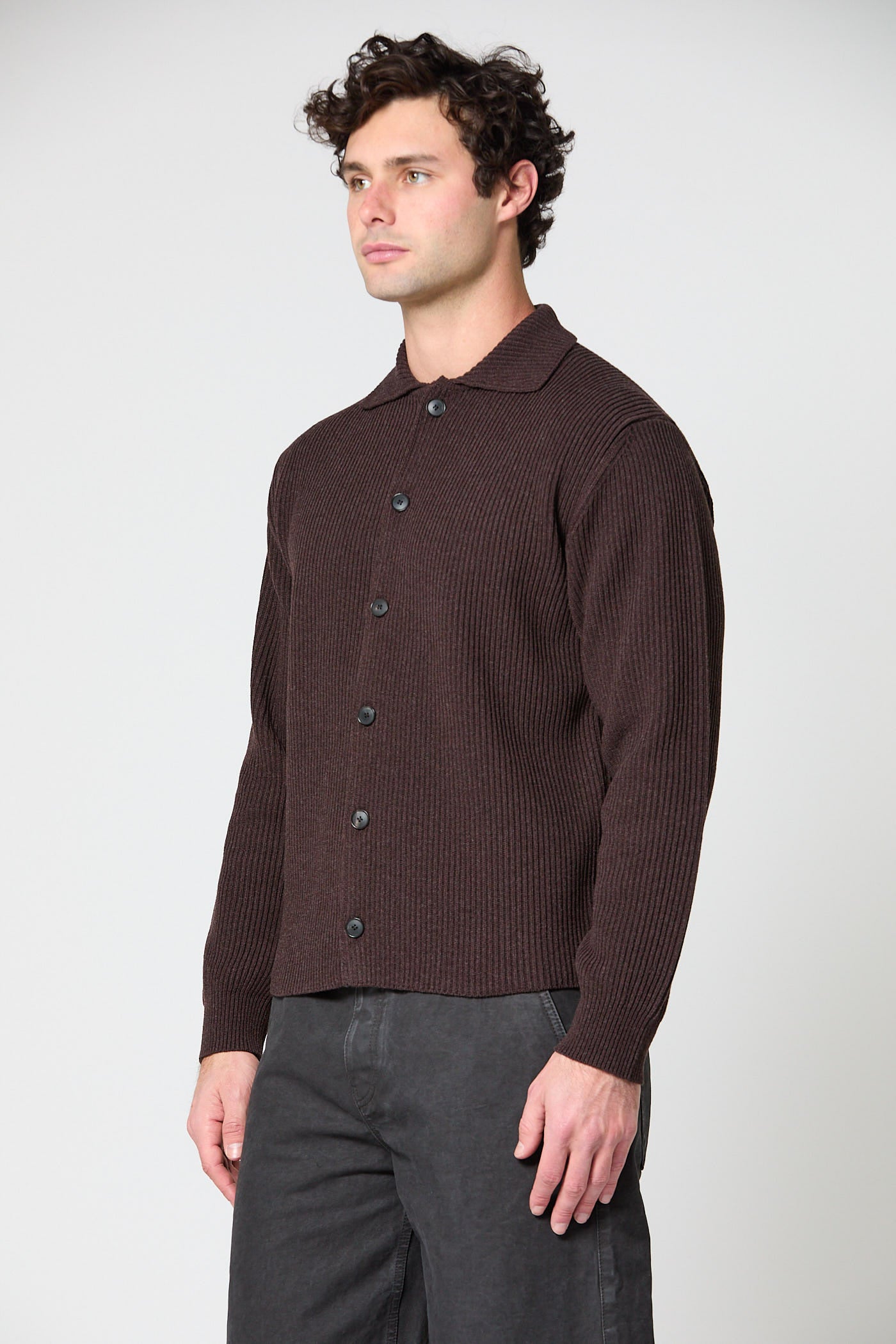 Super Fine Wool Rib Knit Shirt Cardigan