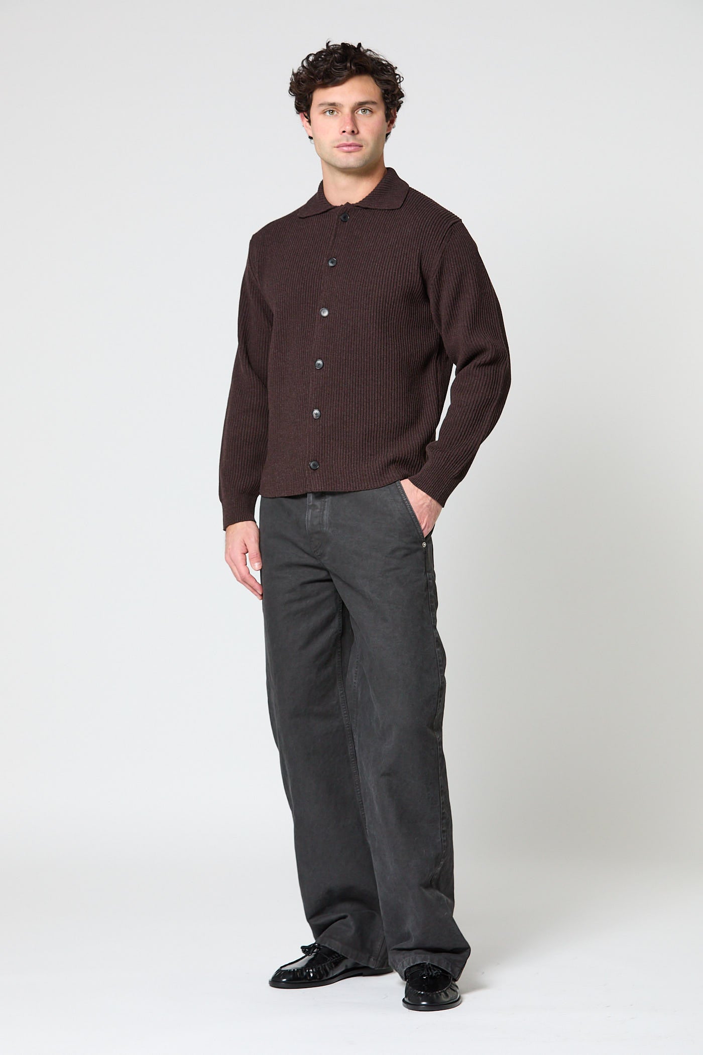 Super Fine Wool Rib Knit Shirt Cardigan