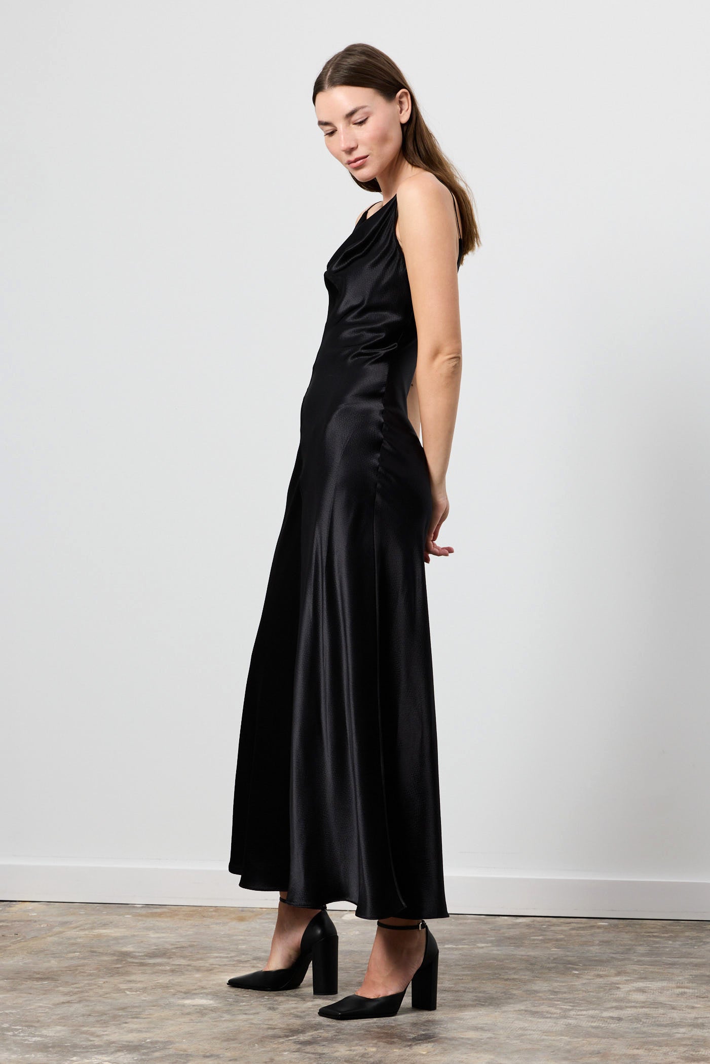 Emi Hammered Satin Draped Neck Dress