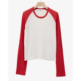 Long-Sleeved Baseball T-Shirt In Cotton Jersey in Off-White & Red