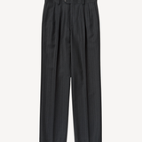 Bluefaced Wool Two-Tuck Slacks in Charcoal Navy Stripe