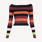 Striped Long Sleeve Off The Shoulder Top in Winestain Multi