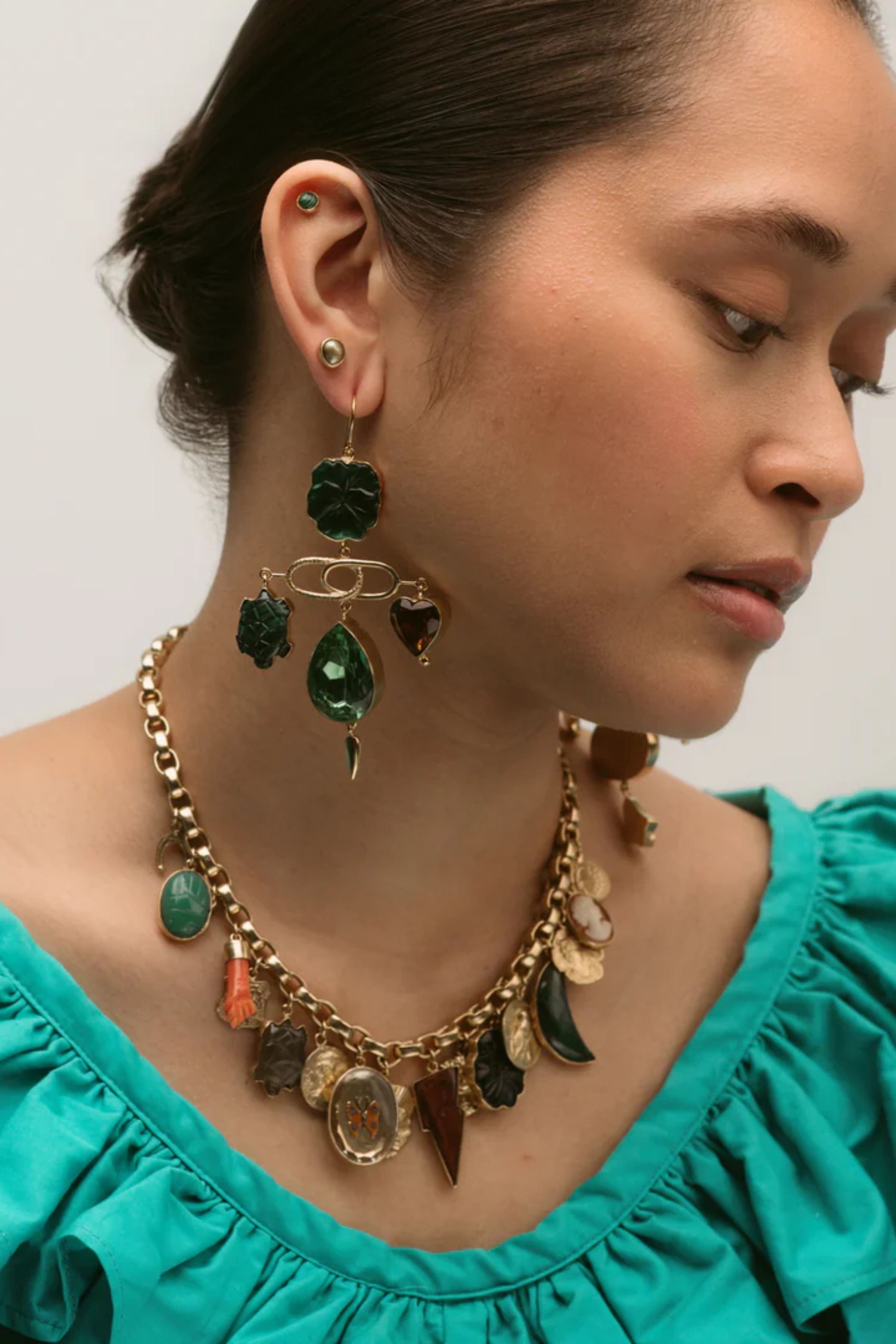 Green & Gold Pansy Balance Drop Earrings