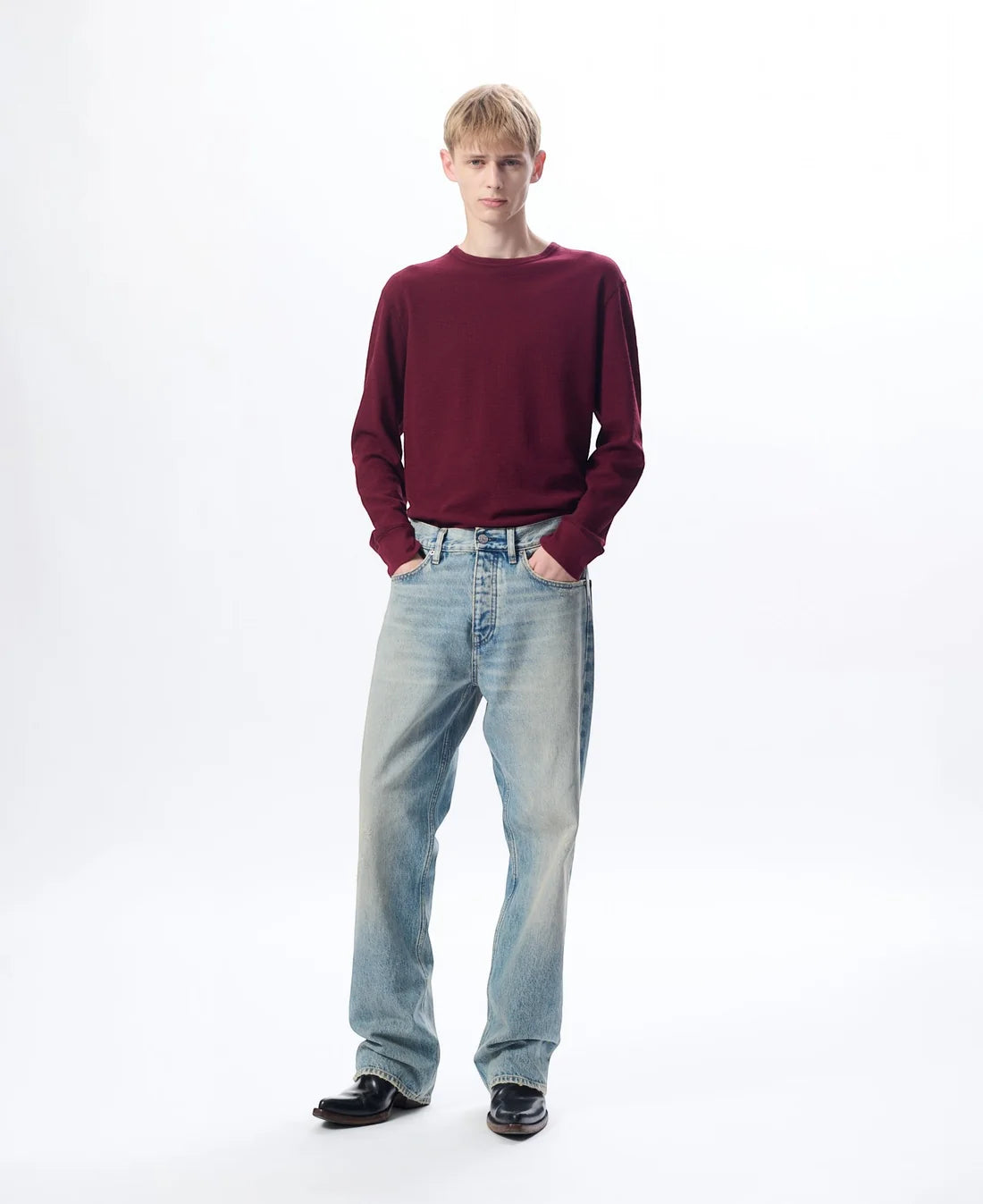 Long Sleeve Waffle Tee in Burgundy