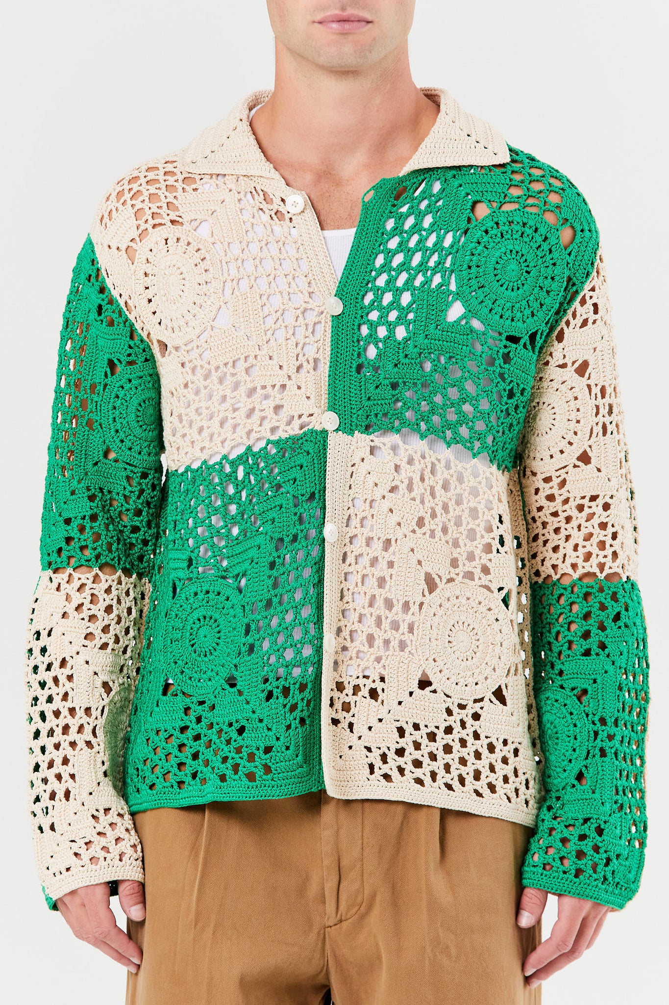 Green Cream Duotone Crochet Overshirt