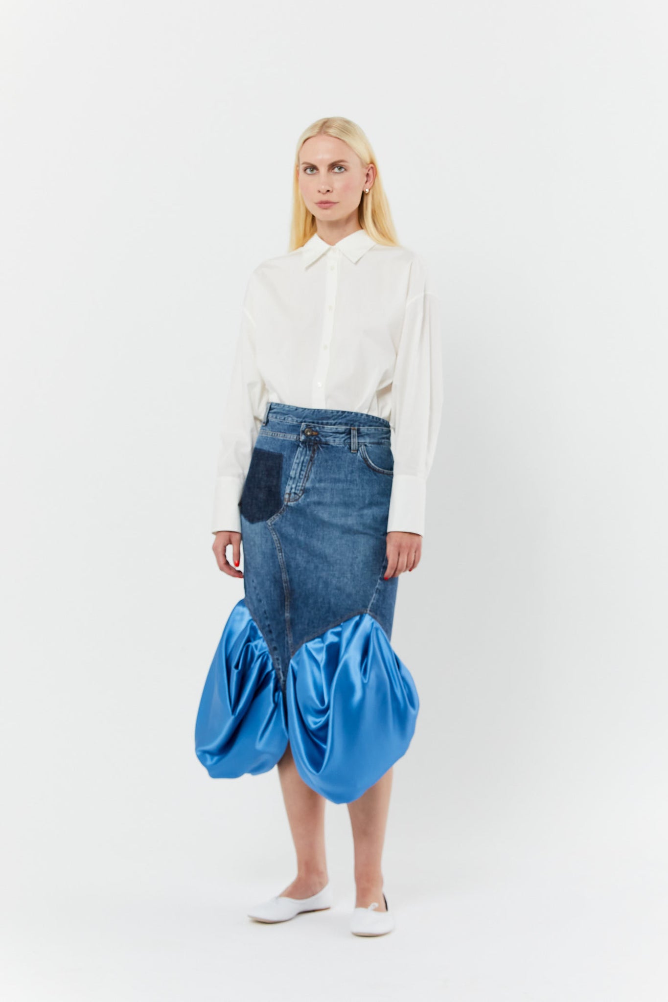 Blue Denim Satin Panel Skirt