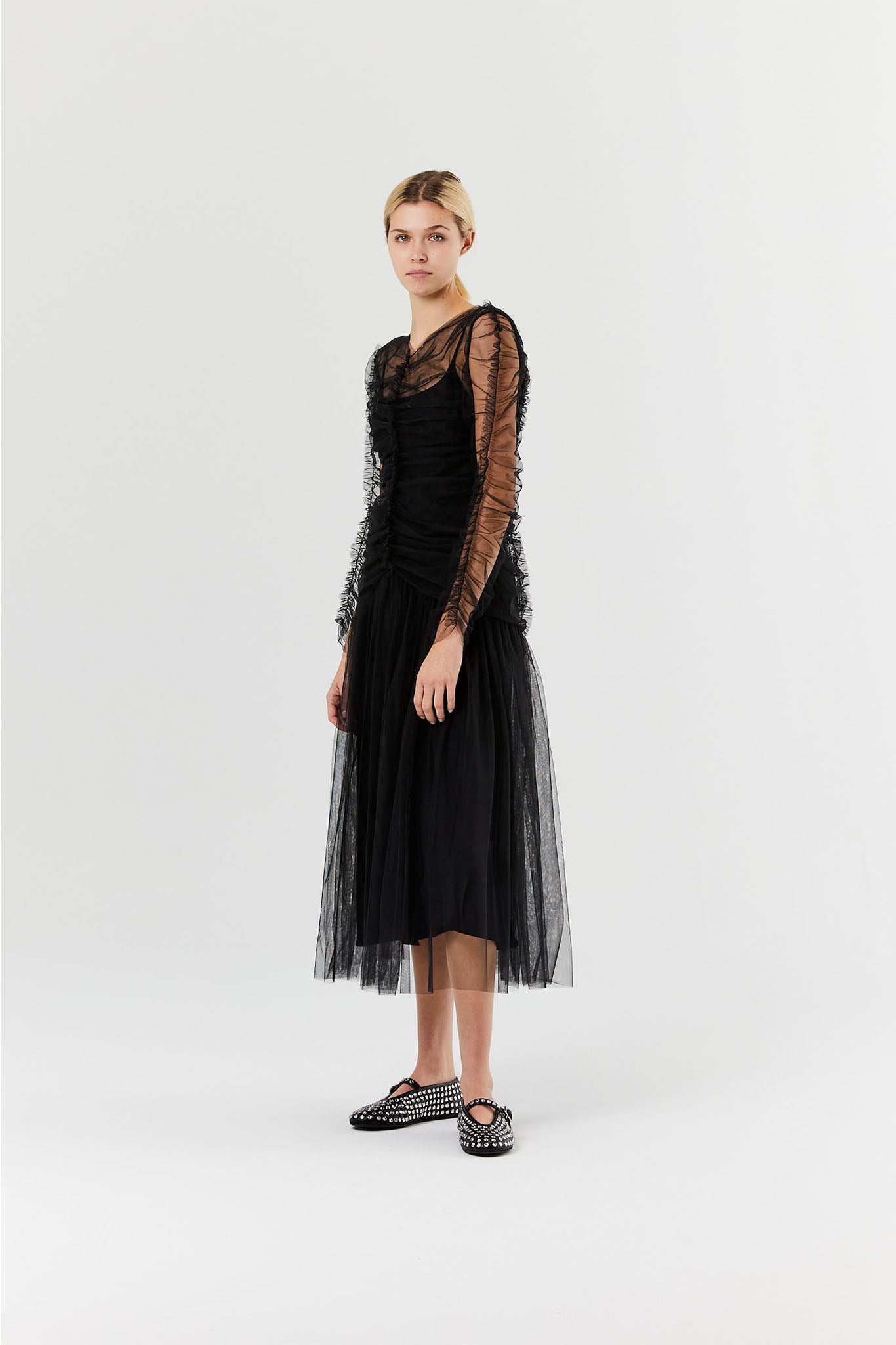 Black Soft Tulle Long Sleeve Midi Dress
